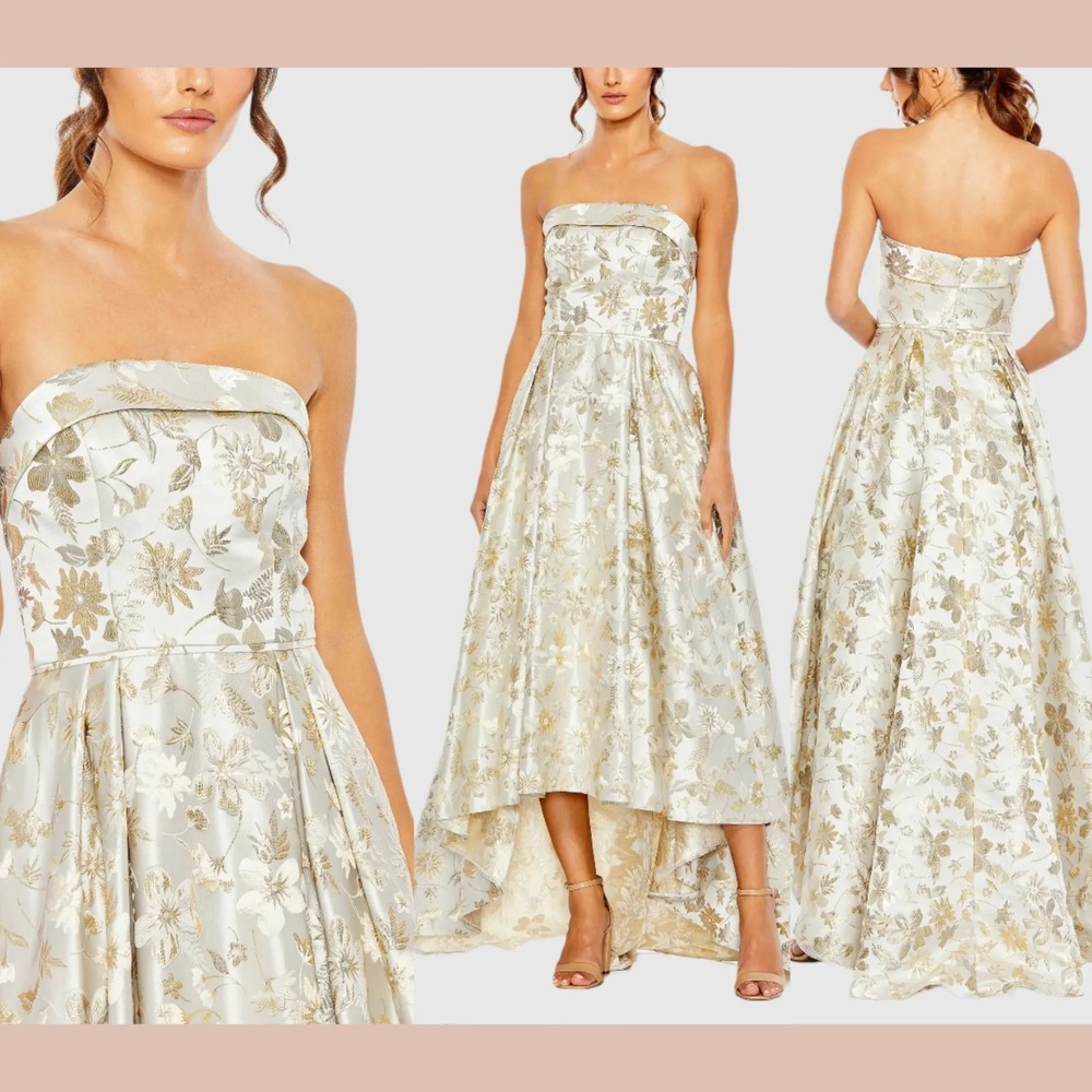 NWT MAC DUGGAL [ 14 ] 49619 Brocade Strapless Golden Floral High Low Gown‎ S1992